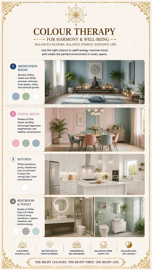 colour therapy meditation room, dining, and restroom