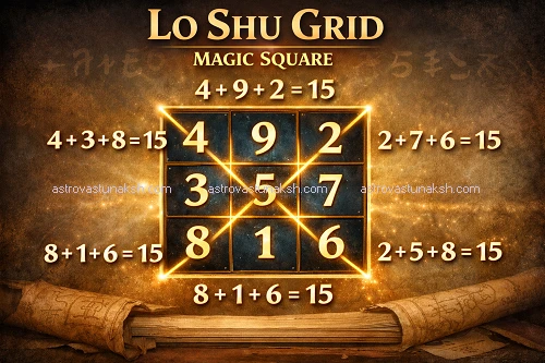 Complete 3x3 fixed Lo Shu Grid chart showing elemental directions and corresponding numbers